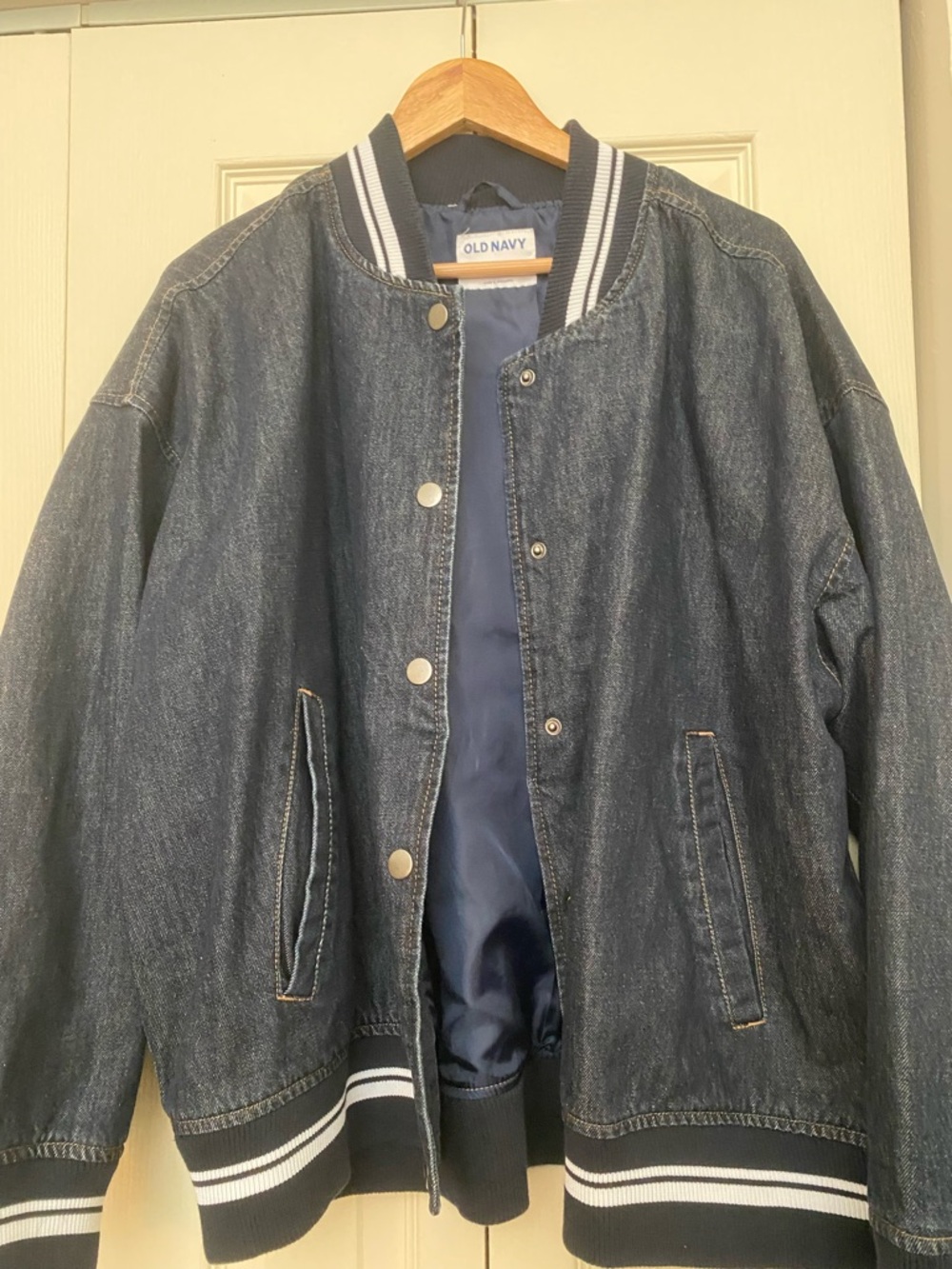 Old Navy Navy Blue Denim Bomber Jacket with Striped Ribbing